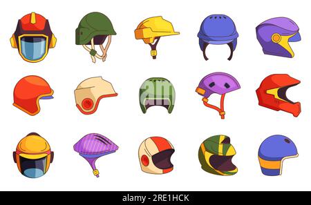 Helmkollektion. Cartoon-Fahrrad und Motorrad Maskenhalterung, Kopfschutz-Set, Symbole für extremen Sport Maskenschutz. Vektor isolierte Sammlung. Ausrüstung für Sicherheit, extreme Rennen Stock Vektor