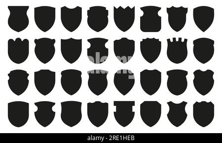 Silhouetten-Symbole für Schilde. Mittelalterliche schwarze Silhouetten verschiedener Formen, Sicherheits- und Autoritätssymbol, leeres Schutzetikett. Vektor isoliertes Set. Minimalistische Verteidigungsausrüstung Stock Vektor