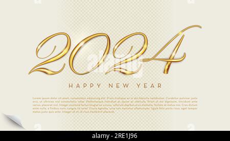 Frohes neues Jahr 2024 Banner. Goldener Luxus festliches leuchtendes kalligrafisches Nummerndesign. Vektordarstellung in einem realistischen 3D-Stil Stock Vektor