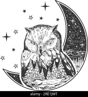 Boho Eulenvogel mit Mond, Sternen und Walddesign Stock Vektor