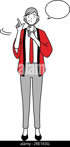 Eine ältere Frau mit rotem Happi-Mantel, die ein Smartphone bedient, Vector Illustration Stock Vektor
