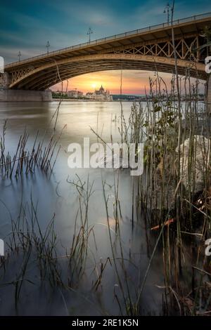 Unter der Margaretenbrücke, am Ufer der Donau, mit Blick auf das Parlament, Budapest Ungarn Stockfoto