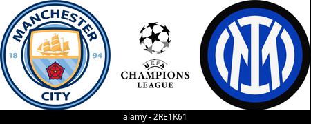 Vinnitsa, Ukraine - 22. Mai 2023: Fußballfußball Manchester City gegen Inter-Club-Ikonen. League of Champions. Vektor-Editordarstellung Stock Vektor