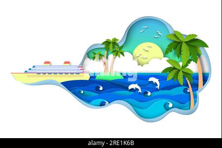 Kreuzfahrtschiff im Meer über tropische Insel mit Palmen Stock Vektor