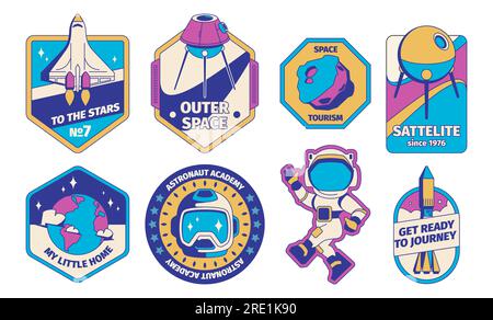 Vintage Space und Astronautenabzeichen. Retro-Galaxie mit Raketenflug zu Insignien-Labels, altmodischem Planeten und Weltraumforschungslogo. Vektor isoliertes Set. Weltraum, Akademie-Logo Stock Vektor