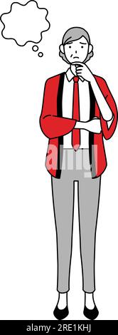 Seniorin mit rotem Happi-Mantel, die denkt, während sie ihr Gesicht kratzt, Vector-Illustration Stock Vektor