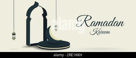 ramadan-Karäm-Banner mit Podium, Mond und Laterne. islamisches Vektordesign Stock Vektor