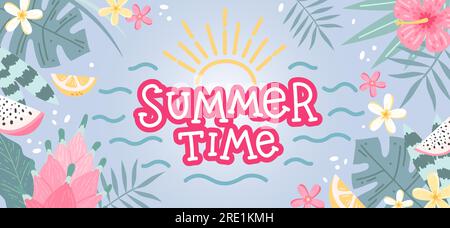 Hallo Sommer Schriftzug, Hintergrund mit Blumen und Blättern. Handgezeichnete Vektordarstellung Stock Vektor
