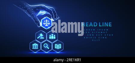 Symbole des Regelsystems auf Sechsecken machten eine Pyramide und eine Hand, die das obere Element mit Skala hielt. Virtueller Rechtsanwalt, juristischer Service online, KI-Technologiebestimmung, Stock Vektor