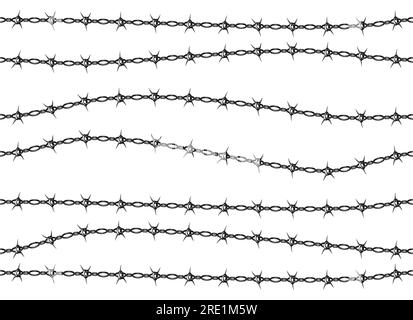 Stacheldrahtzaunmuster. Nahtlose Silhouette mit Spikes an der Sicherheitsgrenze, Rahmen- und Liniendesign für militärischen Schutz. Vektorsatz. Gefährliche metallische Konstruktion für die Sicherheit, Stahlbegrenzung Stock Vektor