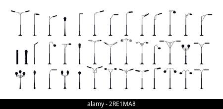 Silhouette Straßenbeleuchtung. Alte Lampenmasten und Retro-Lampen, alte Elektro- und Öllampen für Außendekorationen. Vektorsatz. Schwarze Straßenlaterne für isolierte Sammlung in der Infrastruktur Stock Vektor