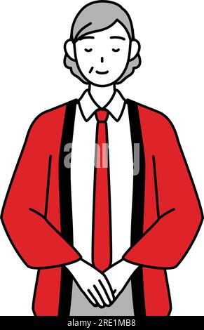 Eine ältere Frau in einem roten Happi-Mantel, verbeugt sich mit gefalteten Händen, Vector Illustration Stock Vektor