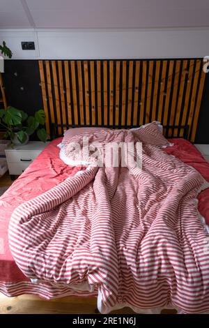 Ungefertigtes Bett mit rot gestreifter Bettwäsche und eine Unordnung im Loft-Stil Schlafzimmer-Interieur, schwarze Wand mit Holzlatten, Metallbett, Topfpflanzen auf einem Trapezdraht Stockfoto