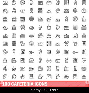 100 Cafeteria-Ikonen. Umrissdarstellung von 100 Cafeteria-Symbolen, Vektorsatz isoliert auf weißem Hintergrund Stock Vektor