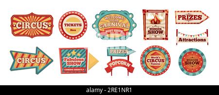 Zirkusetiketten. Zelteingangsschilder für Cartoon-Messegelände, Magie-Show und Vergnügungsattraktionen, Flyer-Banner mit Pfeilsymbol. Vektorsatz. Lustiger Karneval, Wegweiser mit Tickets, Preisen und Popcorn Stock Vektor