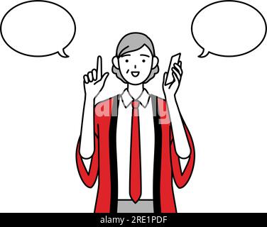 Eine ältere Frau mit rotem Happi-Mantel, die am Telefon auf Vector Illustration zeigt Stock Vektor