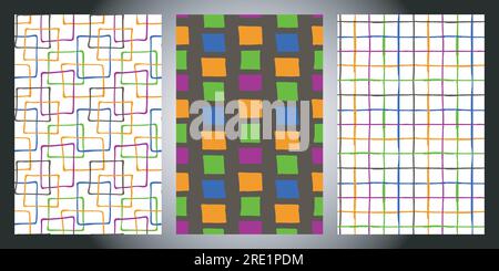 Doodle Line - geometrische nahtlose Muster, Set mit 3 Stück. Handgezeichnete Pinselstriche, quadratische Formen, karierte Schablonen. Farbpalette für Halloween Stock Vektor