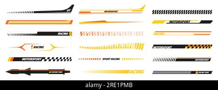 Autoaufkleberstreifen. Aufkleber mit Rennlinien für Fahrzeugseite, Geschwindigkeits- und Power-Kennzeichnung dekorativer Aufkleber für das grafische Design des Autos. Vektorsatz. Moderne gelbe Abstimmung für den Transport isolierter Sammlungen Stock Vektor