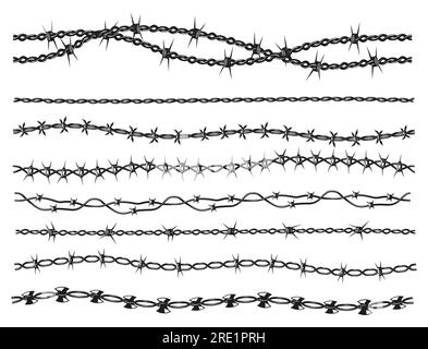 Rasierdraht-Sammlung. Stacheldraht Militärgrenze, gefährliche Kette scharfer Stacheldraht, Umriss für Gefahrenwarnung für Sicherheitskonzept. Vektorsatz. Gefängnisgrenzenschutz mit Metallspitzen Stock Vektor