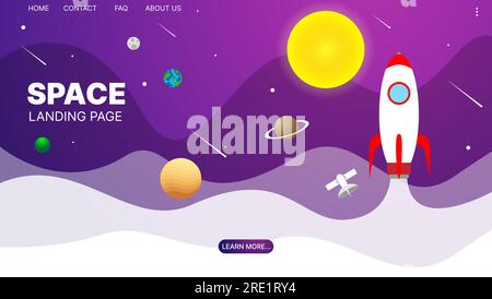 Hintergrundvorlage für Landing-Page. Präsentationsdesign. Weltraum, Planeten und Rakete. Design der Website-Vorlage. Vektordarstellung Stock Vektor