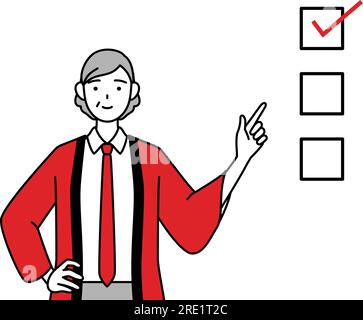 Eine ältere Frau in einem roten Happi-Mantel, die auf eine Checkliste zeigt, Vector Illustration Stock Vektor
