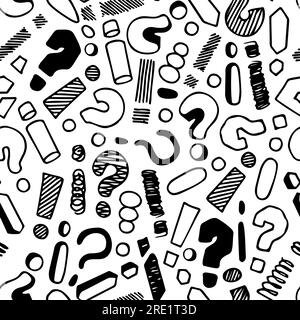 Ausrufezeichen. Nahtloses Drucken von komischen Interpunktionszeichen, Warnschildern und wichtigen Nachrichten. Vektor-Cartoon-Textur. Handgezeichnete Fragepunkte für Anfragen, verschiedene Arten Stock Vektor