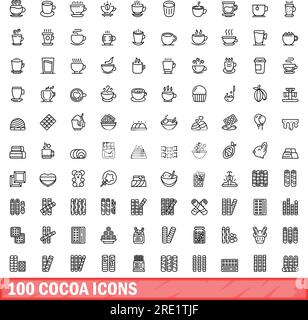 100 Kakao-Symbole eingestellt. Umrissdarstellung von 100 Kakaosymbolen, Vektorsatz isoliert auf weißem Hintergrund Stock Vektor