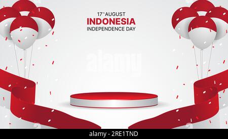 banner für den indonesischen Unabhängigkeitstag mit 3D-Podium, Ballons und Konfetti. Geeignet für Werbeaktionen oder Grußkarten Stock Vektor