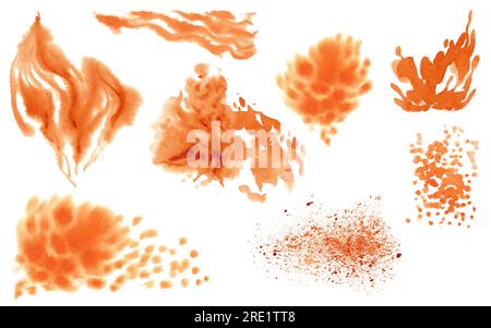 Abstrakter, wasserfarbener orangefarbener Hintergrund mit Flecken, Waschungen, Spritzwasser, Streifen, Wellen, Farbverlauf. Stockfoto