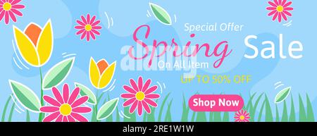 Bannerdesign mit Blumen und Blättern im Frühlingsangebot. Saisonales Business-Promotion-Design. vektordarstellung Stock Vektor