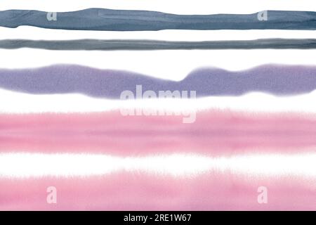 Abstrakter, wasserfarbener, pinkfarbener und lilafarbener Hintergrund mit Flecken, Waschungen, Spritzwasser, Streifen, Wellen, Farbverlauf. Stockfoto