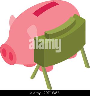 Isometrischer Vektor der Militärminen-Ikone. Grüne Landmine und pinkfarbenes Sparschwein-Symbol. Militärausrüstung, Waffe Stock Vektor