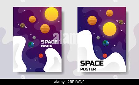 Space Poster-Design mit Planeten, Sonne, Stern und Universum. Modernes Design der Raumabdeckung. vektordarstellung Stock Vektor