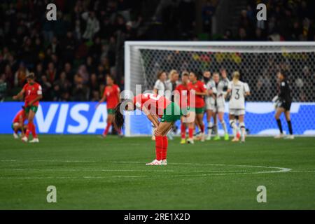 Melbourne, Australien. 24. Juli 2023. Rosella Ayane aus Marokko ist während des FIFA Frauen-Weltmeisterschaftsspiels 2023 zwischen Deutschland und Marokko im Melbourne Rectangular Stadium zu sehen. Endstand Deutschland 6:0 Marokko (Foto: Alexander Bogatyrev/SOPA Images/Sipa USA) Guthaben: SIPA USA/Alamy Live News Stockfoto