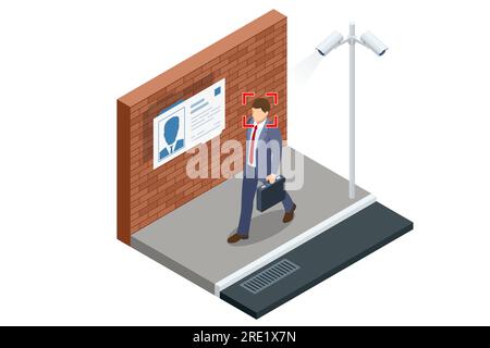 Isometrische Gesichtserkennung und persönliche Identifikationstechnologien in Straßenkameras. Das Gesicht Wird Mit Intellectual Genau Erkannt Stock Vektor