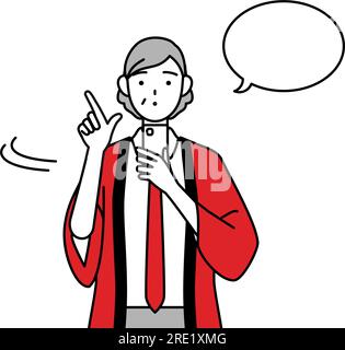 Eine ältere Frau mit rotem Happi-Mantel, die ein Smartphone bedient, Vector Illustration Stock Vektor