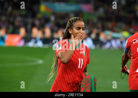 Melbourne, Australien. 24. Juli 2023. Fatima Tagnaout während des FIFA Frauen-Weltmeisterschafts-Spiels 2023 zwischen Deutschland und Marokko im Melbourne Rectangular Stadium. Endstand Deutschland 6:0 Marokko (Foto: Alexander Bogatyrev/SOPA Images/Sipa USA) Guthaben: SIPA USA/Alamy Live News Stockfoto