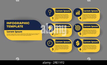 Flache Infografik-Vorlage in Dunkelblau und Gelb. Abstrakte Elemente von Diagrammen, Diagrammen mit Schritten, Optionen, Teilen oder Prozessen. Stock Vektor