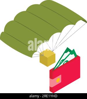 Isometrischer Vektor des Symbols für Militärtechnologie. Fallschirm mit Paketkasten und Brieftasche. Militärkonzept, Lieferung Stock Vektor
