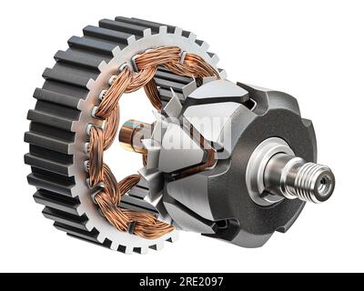 Rotor und Stator des Lichtmaschinengenerators oder Elektromotors, auf weiß isoliert. 3D Abbildung Stockfoto