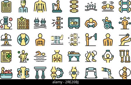 Physiotherapiesymbole legen den Konturvektor fest. Behandlungsübung. Sitzungsprogramm dünne Linie flach auf weiß Stock Vektor