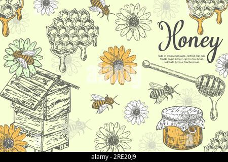 Darstellung des handgezeichneten Skizzenvektors mit Honigtinte. Süße natürliche Bio-Produkte – coer-, Poster- oder Bannerdesign-Vorlage im Vintage-Stil. Werbespot Bienenzucht Stock Vektor