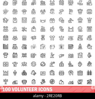 100 Symbole für Freiwillige eingestellt. Umrissdarstellung von 100 Symbolen für Freiwillige, Vektorsatz isoliert auf weißem Hintergrund Stock Vektor