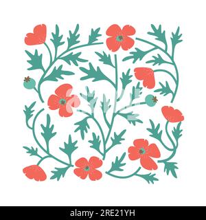 Moderne, farbenfrohe, flache Vektordarstellung mit Mohnblumen, Laub, Feld. Abstraktes Poster mit wilden Blumen. Stock Vektor