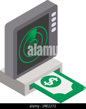 Isometrischer Vektor des militärischen Radarsymbols. Großer grüner Radarschirm und Dollar-Banknote. Radiolokationsgeräte Stock Vektor