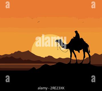 Kamel und Wandern im Sonnenuntergang Vektor, Silhouette einer Kamelkarawane mit Kamel in der Wüste auf den Bergen, Vektor Illustration. Stock Vektor