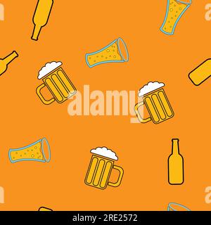 Nahtloses Muster aus einfachen abstrakten alkoholischen Glasgläsern mit köstlichem Craft-Bier aus Schaumstoff in Gläsern und Flaschen, Barsymbole auf gelbem Hintergrund. Vect Stock Vektor