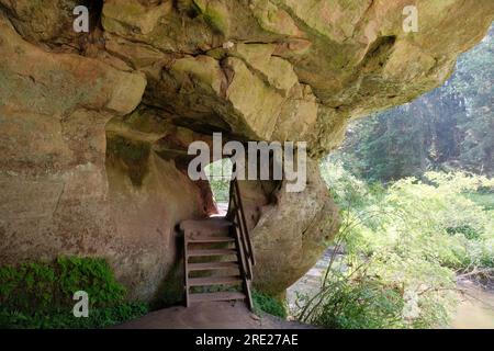 Kleine, rustikale Holztreppen führen zu einem natürlich entstandenen Eingang einer Höhle in einem dichten Wald entlang eines Wanderwegs. Stockfoto