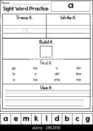 Sight Word Übung Nachverfolgen. Schreib es auf. Bauen Sie es. Finden Sie es. Nutze es. Stock Vektor