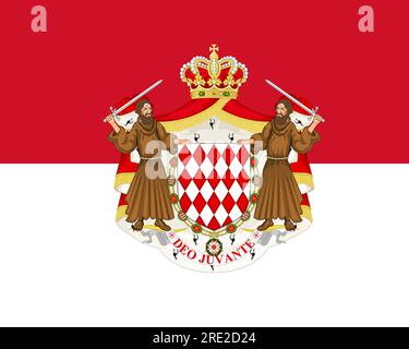 Die offizielle derzeitige Flagge und das Wappen des Fürstentums Monaco. Staatsflagge des Monaco. Illustration. Stockfoto